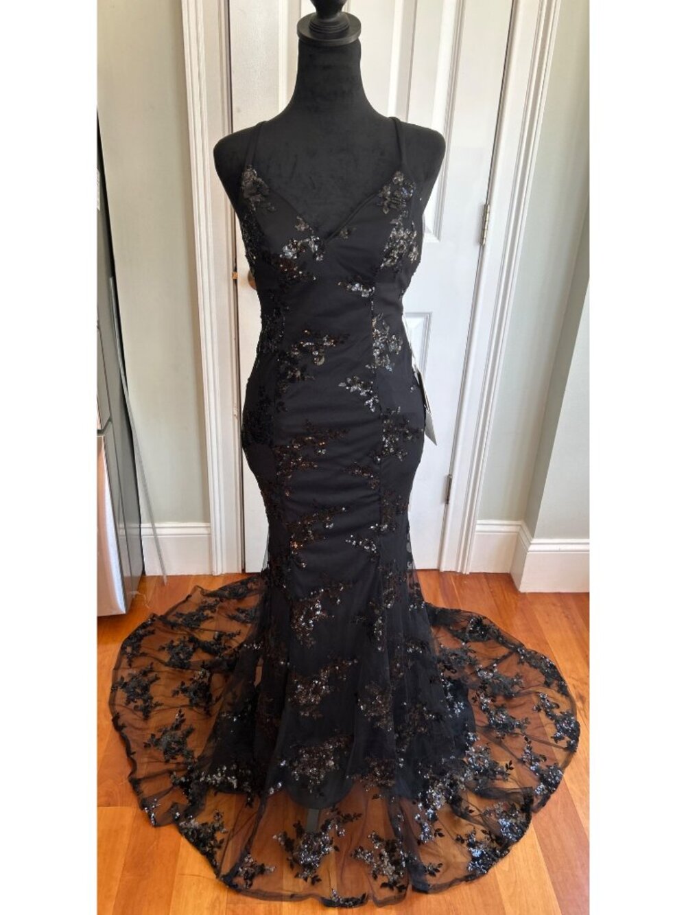 NWT Stacee’s Black Floral Whimsygoth Gown Sz 0 Sheer Lace Overlay Prom Dress